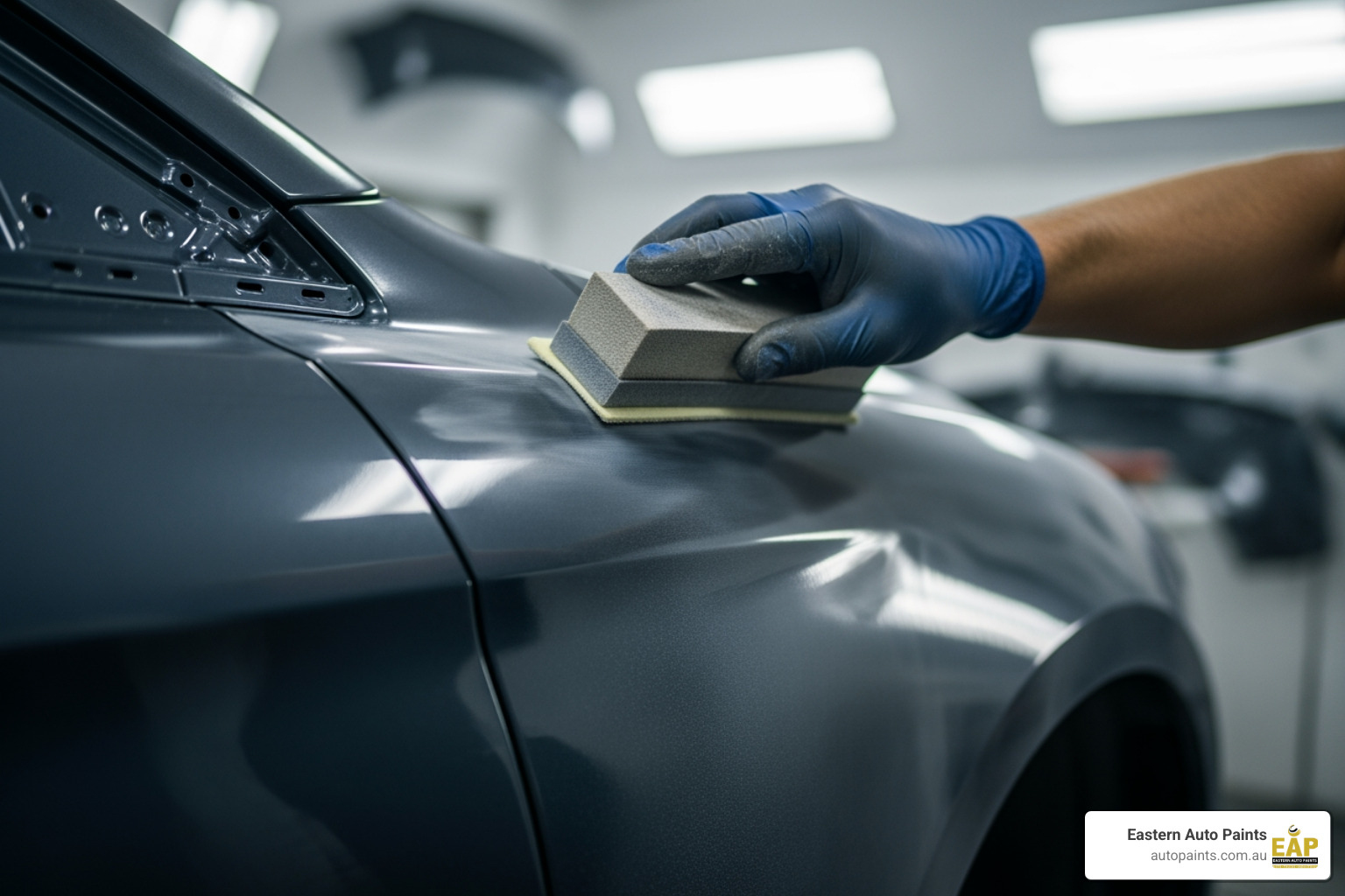 A professional technician sanding down a vehicle panel to prepare the surface for high-quality paint for auto body.