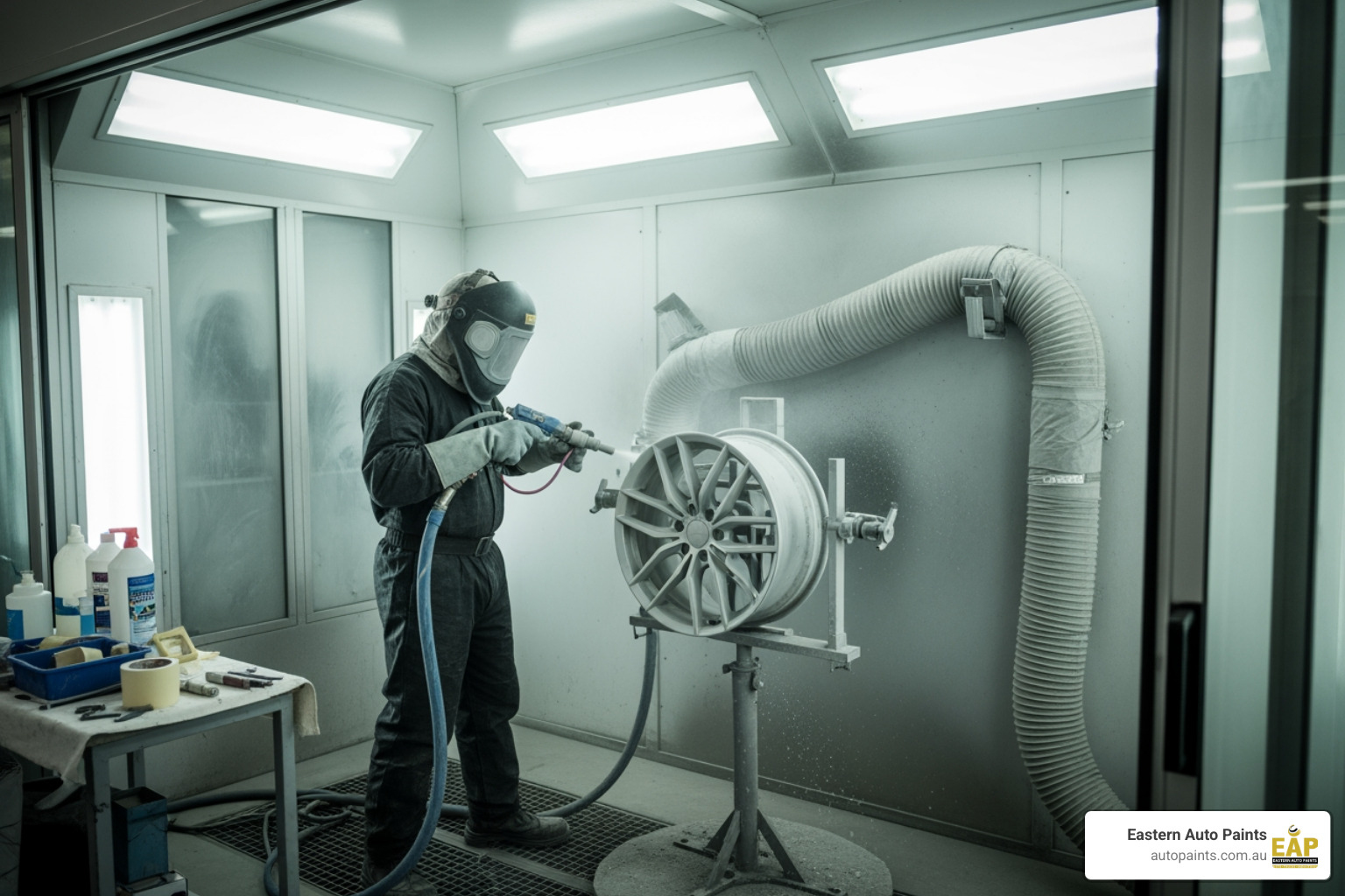 technician using sandblasting equipment to prepare a car wheel for powder coating - Wheel powder coating Melbourne