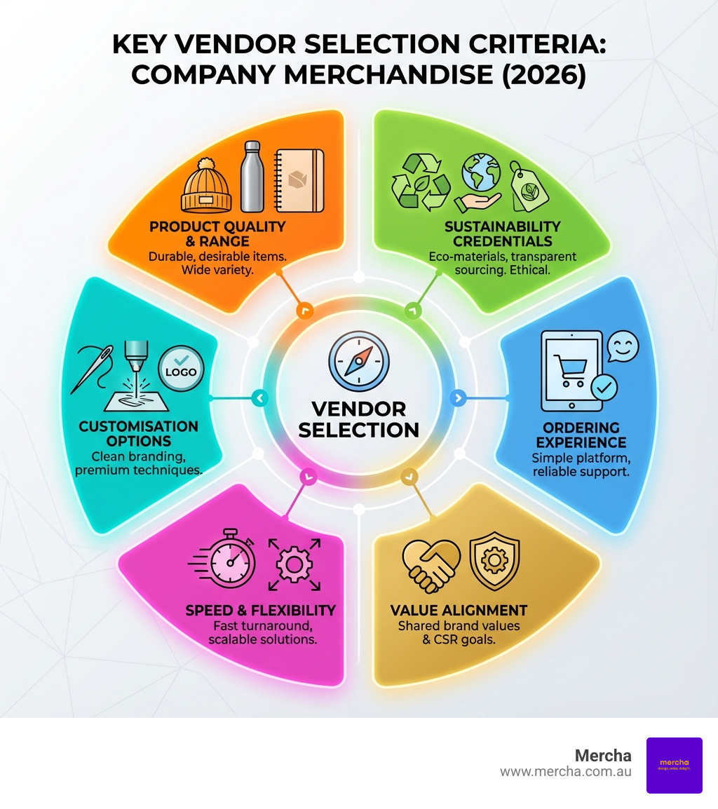 Infographic showing key vendor selection criteria - company merchandise vendors infographic 