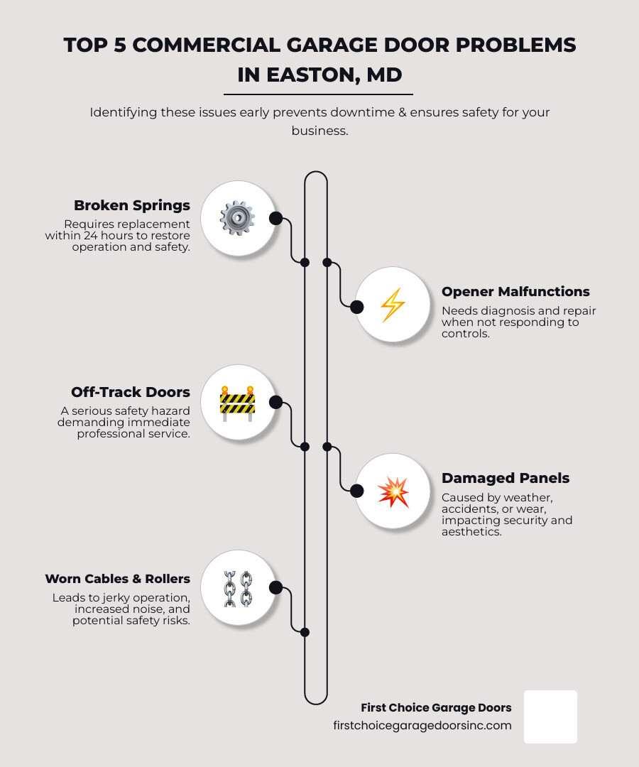 infographic showing the top 5 garage door problems in Easton MD: broken torsion springs requiring replacement within 24 hours, malfunctioning garage door openers needing diagnosis and repair, off-track doors presenting safety hazards, damaged or dented door panels from storms or impacts, and worn cables and rollers causing operational issues, with average repair timeframes and when to call for emergency service - home garage door repair in easton, md infographic infographic-line-5-steps-elegant_beige infographic showing the top 5 garage door problems in Easton MD: broken torsion springs requiring replacement within 24 hours, malfunctioning garage door openers needing diagnosis and repair, off-track doors presenting safety hazards, damaged or dented door panels from storms or impacts, and worn cables and rollers causing operational issues, with average repair timeframes and when to call for emergency service - home garage door repair in easton, md infographic infographic-line-5-steps-elegant_beige