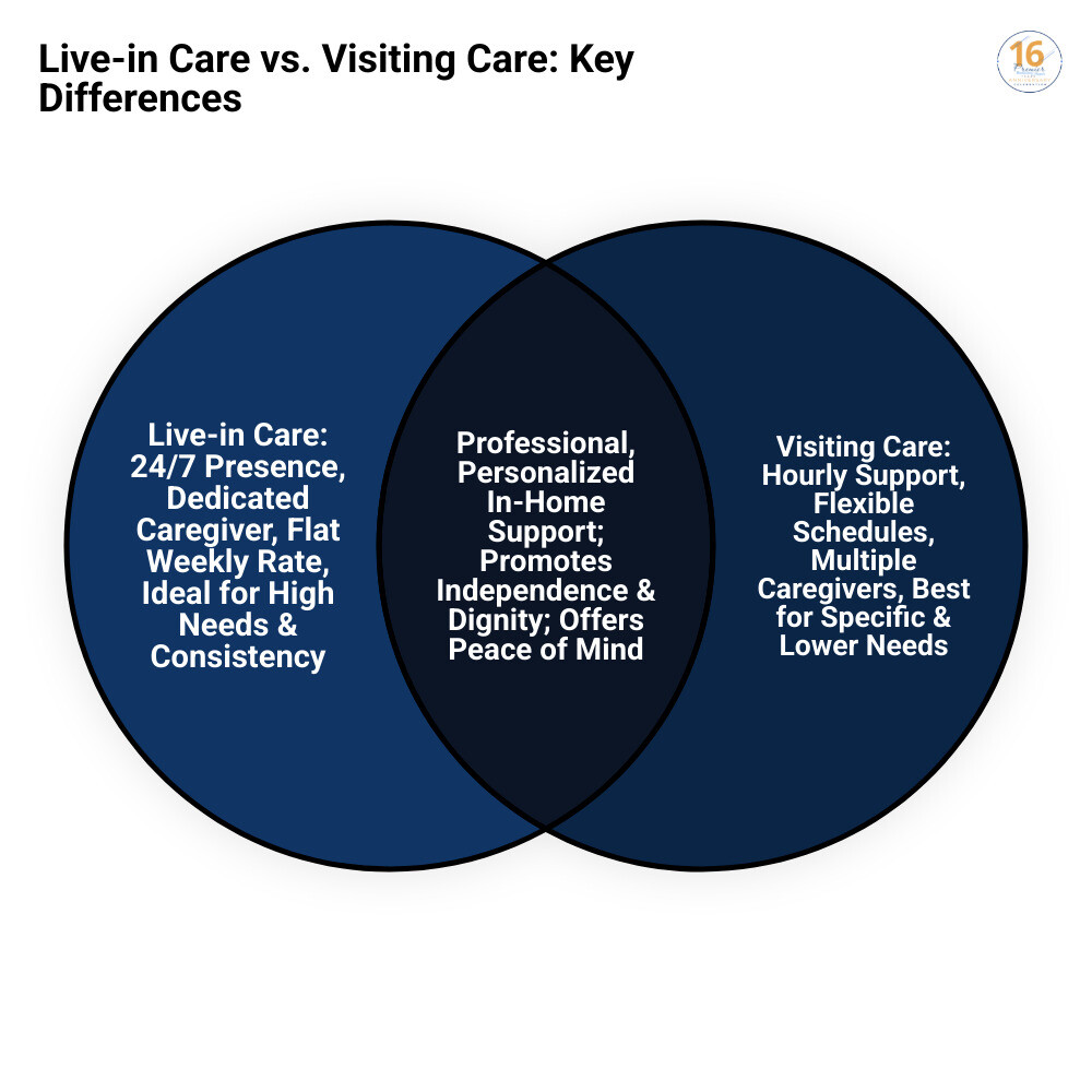 Infographic comparing live-in care versus visiting care, showing weekly costs, hours of support provided, caregiver consistency, flexibility for families, and overall value for different care needs - affordable live in homecare infographic venn_diagram Infographic comparing live-in care versus visiting care, showing weekly costs, hours of support provided, caregiver consistency, flexibility for families, and overall value for different care needs - affordable live in homecare infographic venn_diagram