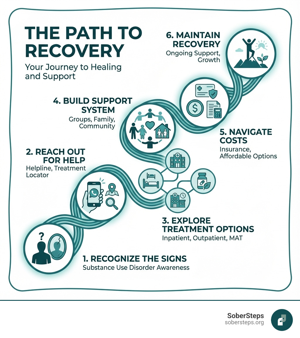 Infographic showing the path to recovery: 1. Recognize the signs of substance use disorder, 2. Reach out for help via helpline or treatment locator, 3. Explore treatment options including inpatient outpatient and MAT, 4. Build support system through groups and family, 5. Navigate costs with insurance or affordable options, 6. Maintain recovery with ongoing support - get help addiction infographic 