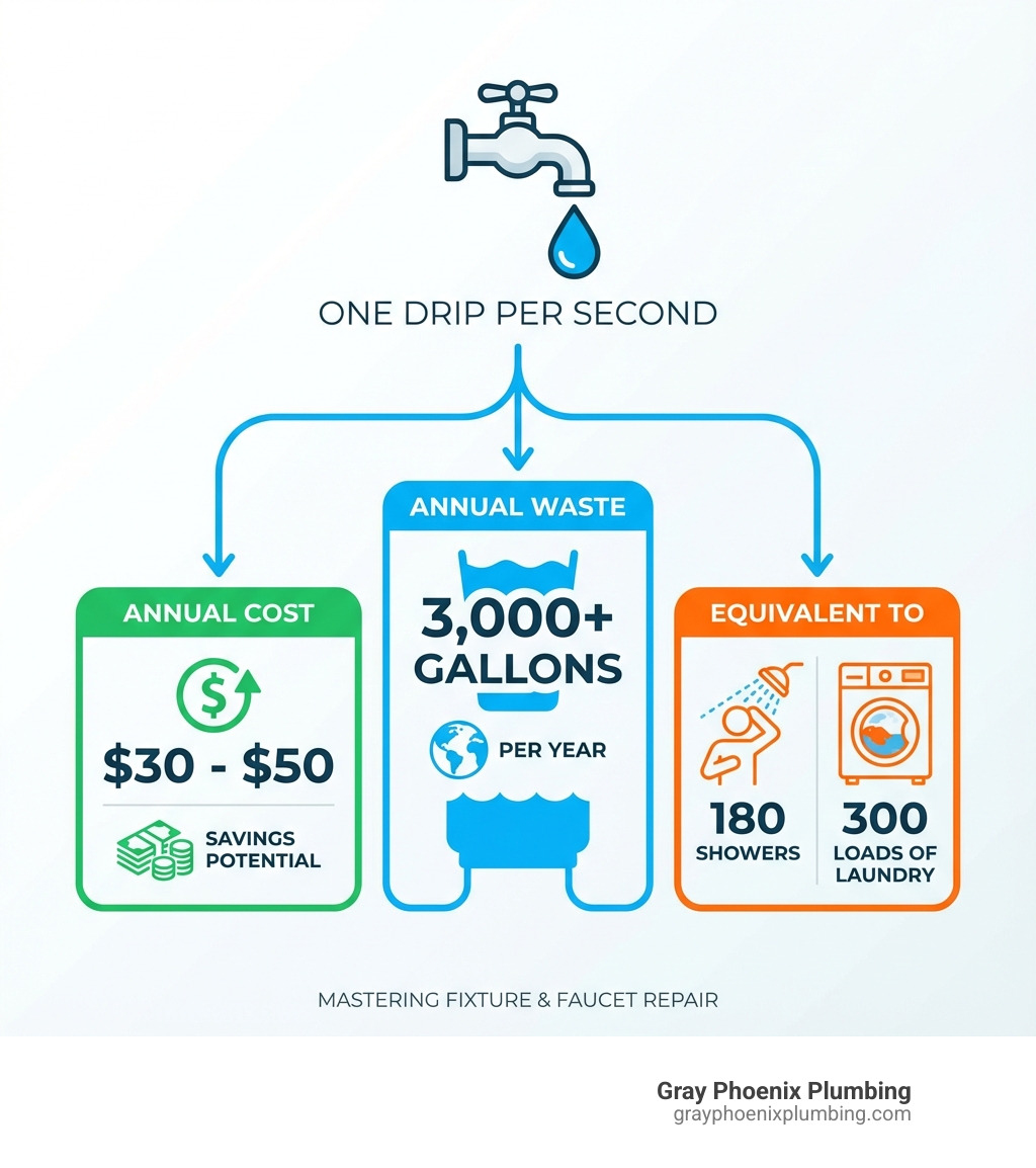 Infographic showing annual water waste from a dripping faucet: one drip per second equals 3,000+ gallons wasted per year, costing homeowners $30-50 annually, with comparison icons showing this equals 180 showers or 300 loads of laundry - fixture and faucet repair infographic Infographic showing annual water waste from a dripping faucet: one drip per second equals 3,000+ gallons wasted per year, costing homeowners $30-50 annually, with comparison icons showing this equals 180 showers or 300 loads of laundry - fixture and faucet repair infographic