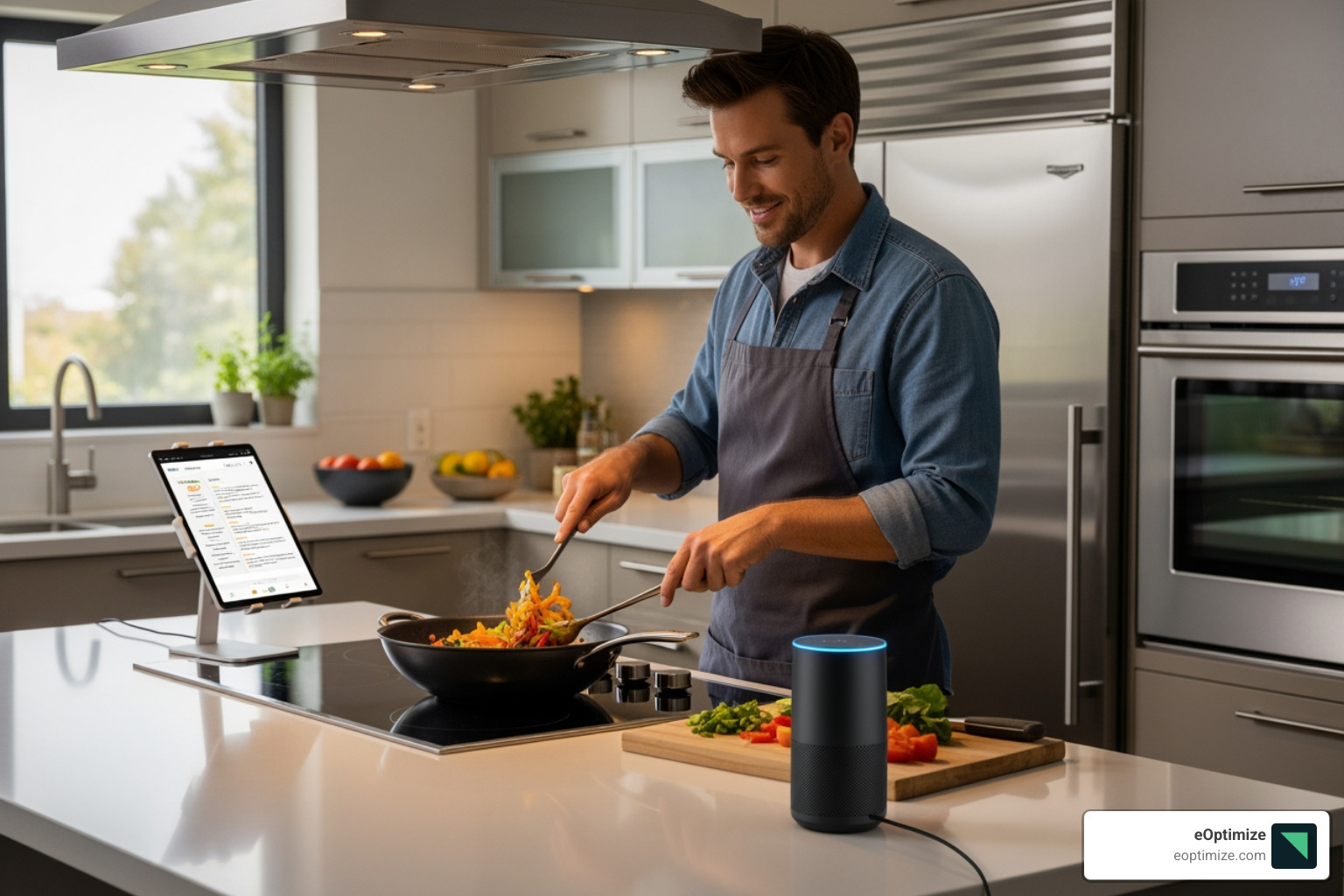 person cooking while using a smart speaker in the kitchen - Voice search data person cooking while using a smart speaker in the kitchen - Voice search data