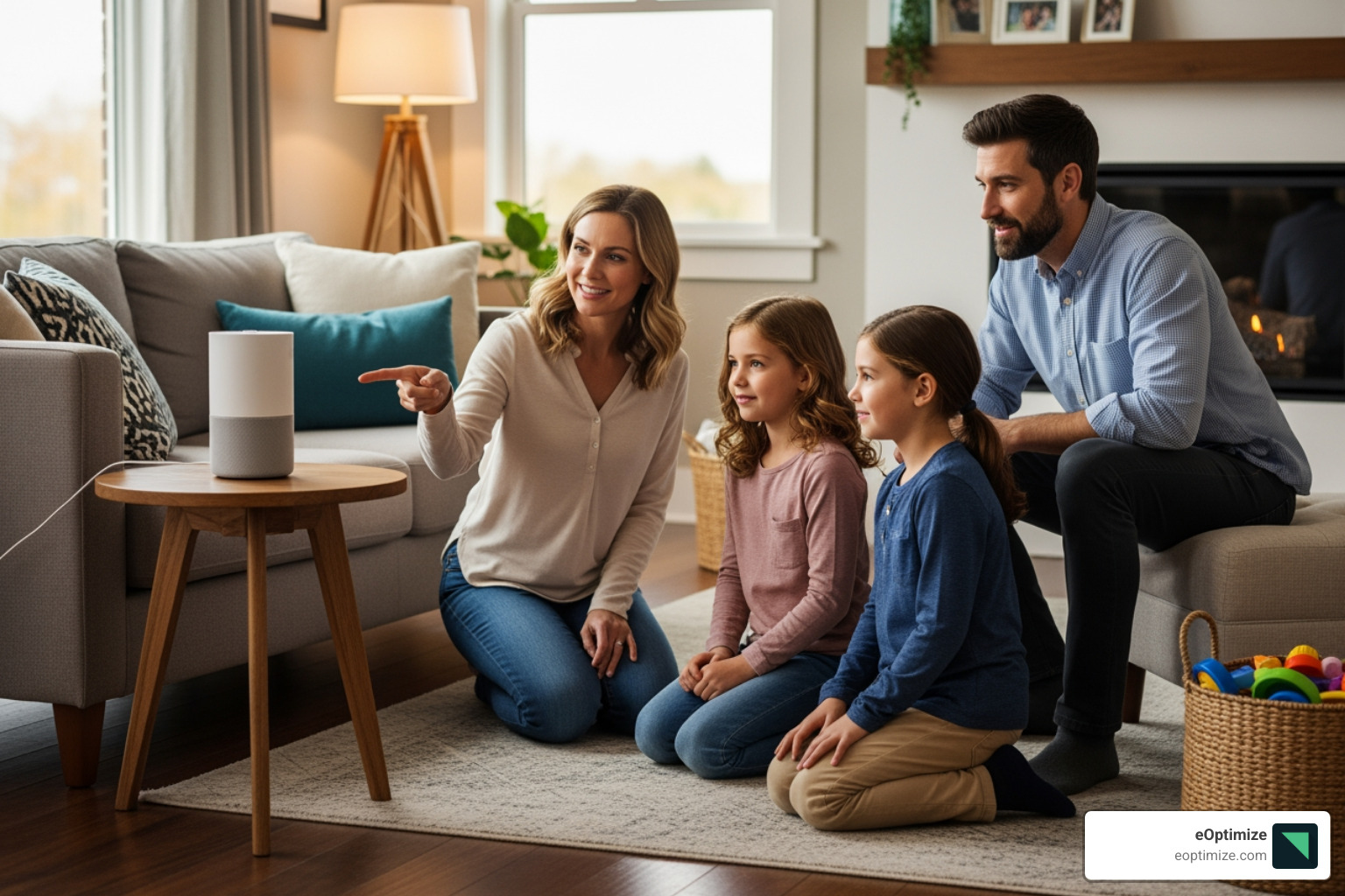 family using smart speaker in living room - Voice search data family using smart speaker in living room - Voice search data