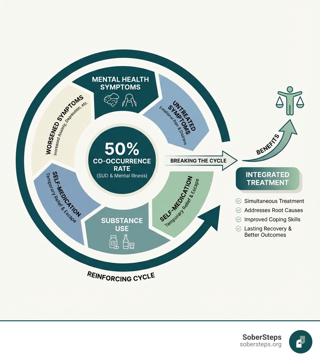 infographic showing the cycle of mental illness and substance use, with arrows indicating how untreated mental health symptoms can lead to substance use as self-medication, which then worsens mental health symptoms, creating a reinforcing cycle; includes statistics showing 50% co-occurrence rate and benefits of integrated treatment breaking this cycle - Dual diagnosis treatment infographic infographic showing the cycle of mental illness and substance use, with arrows indicating how untreated mental health symptoms can lead to substance use as self-medication, which then worsens mental health symptoms, creating a reinforcing cycle; includes statistics showing 50% co-occurrence rate and benefits of integrated treatment breaking this cycle - Dual diagnosis treatment infographic