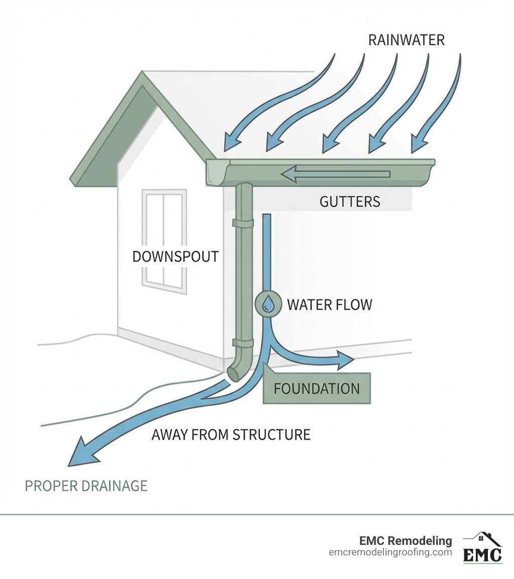 Infographic showing water flow from roof through gutters down downspout away from foundation, with labels for each component and arrows indicating proper drainage away from home structure - siding and gutters infographic 