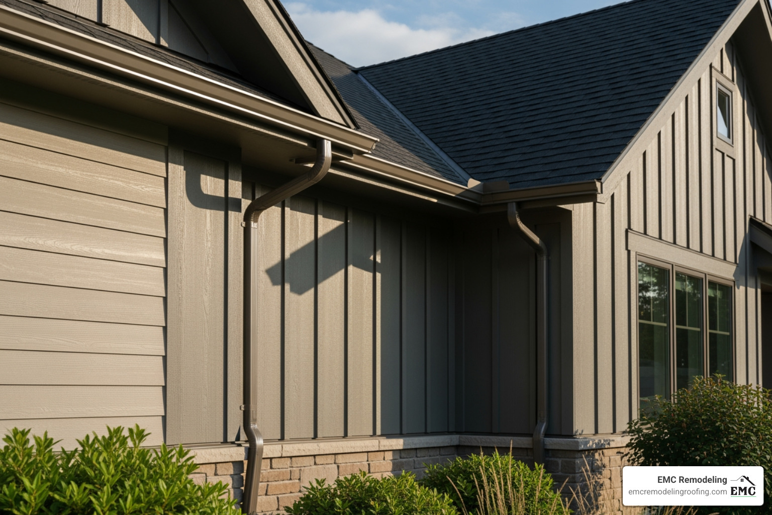 Seamless gutter installation in progress on a modern home - siding and gutters