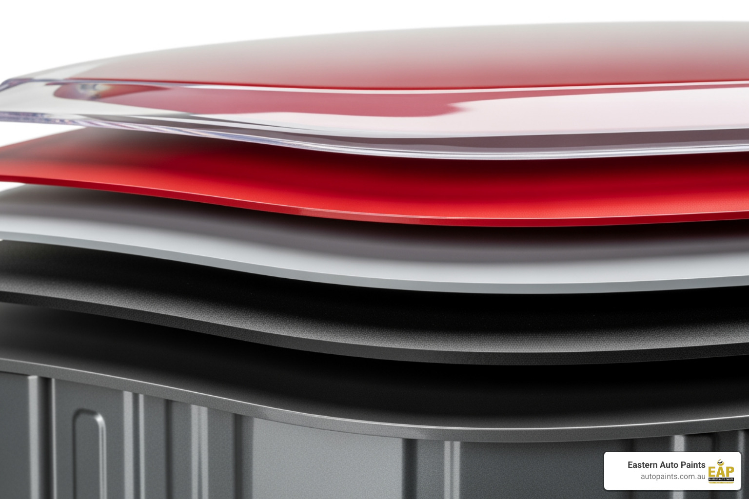Cross-section diagram illustrating the distinct layers of automotive paint applied to a car's body, including the substrate, e-coat, primer, basecoat, and clearcoat - automotive paint finish