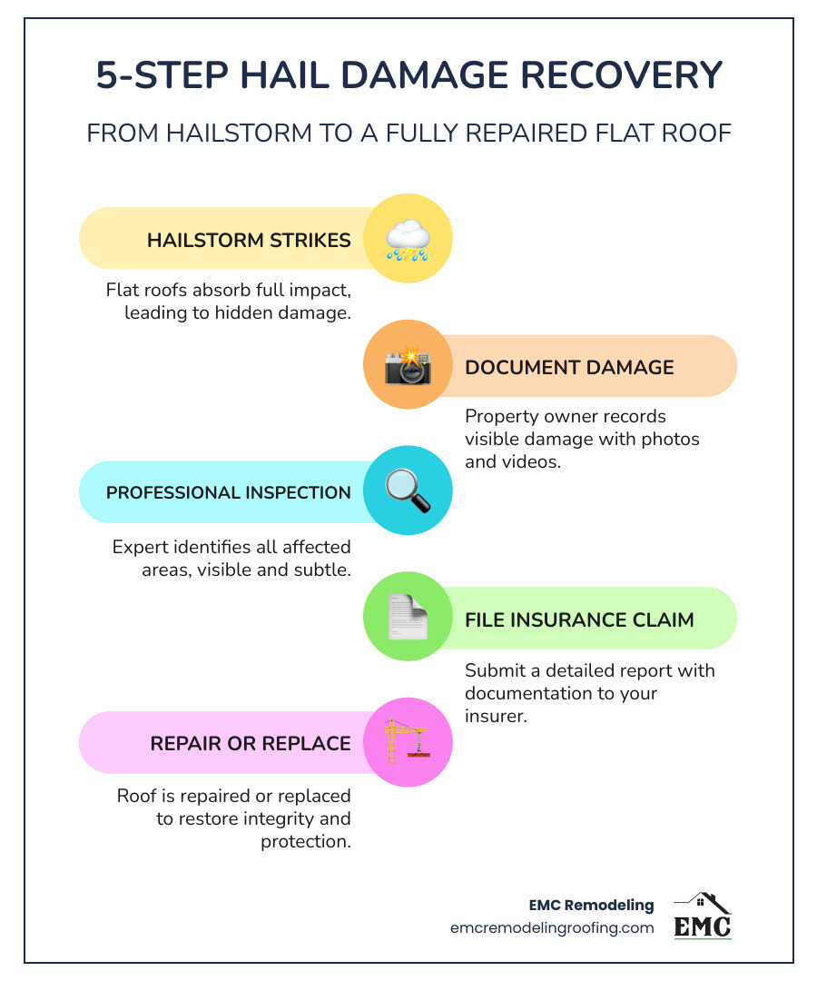 Infographic showing 5-step process: 1. Hailstorm strikes flat roof, 2. Property owner documents visible damage, 3. Professional inspection identifies all affected areas, 4. Insurance claim filed with detailed report, 5. Roof repair or replacement completed - hail damage flat roof infographic infographic-line-5-steps-colors