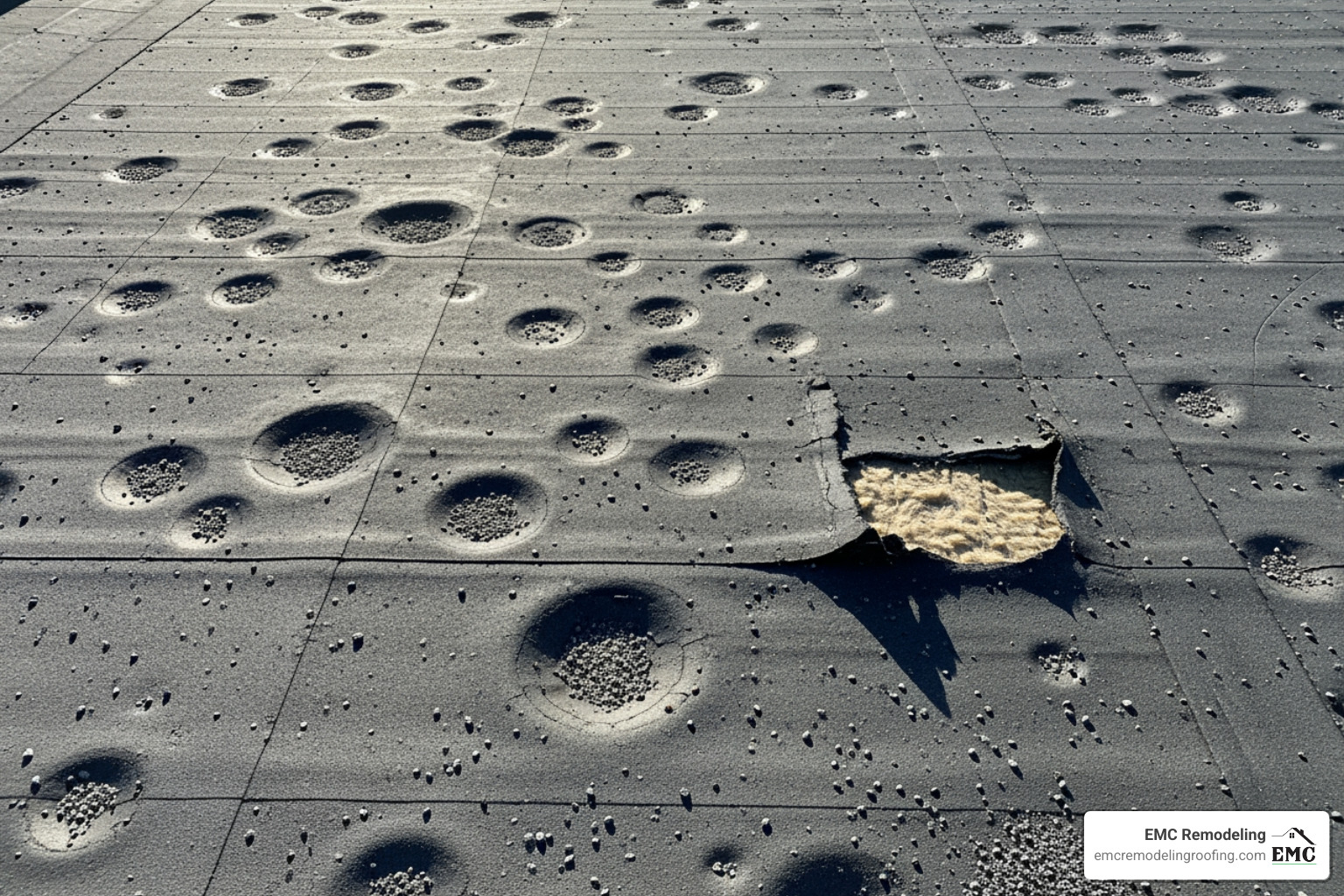 granule loss in a gutter or scupper - hail damage flat roof