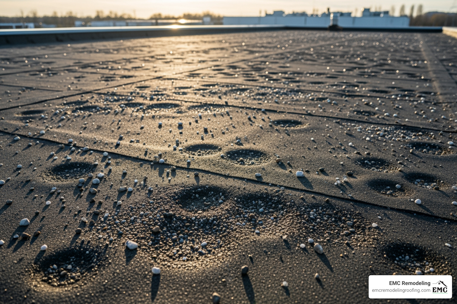 person safely taking photos of roof damage with a smartphone - hail damage flat roof