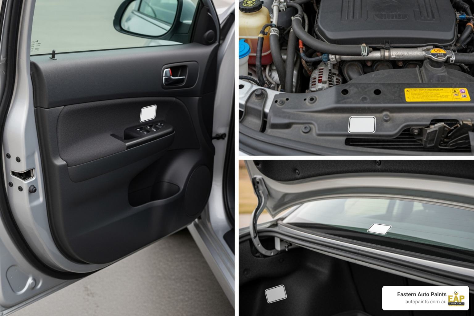Common locations of the paint code sticker on a car (door jamb, engine bay, boot) - touch up paint colour match