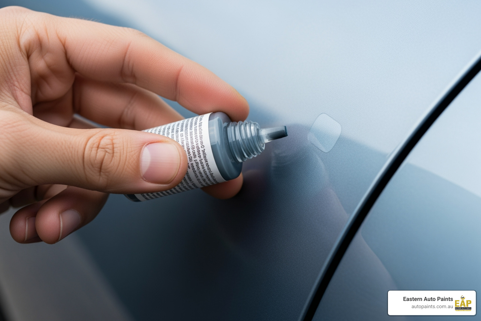 A precision applicator being used to apply a perfect touch up paint colour match to a small stone chip on a blue car.