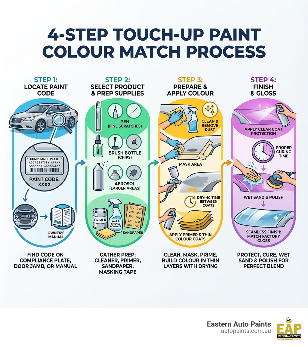 Detailed infographic showing the 4-step touch up paint colour match process from finding the code to final polishing.