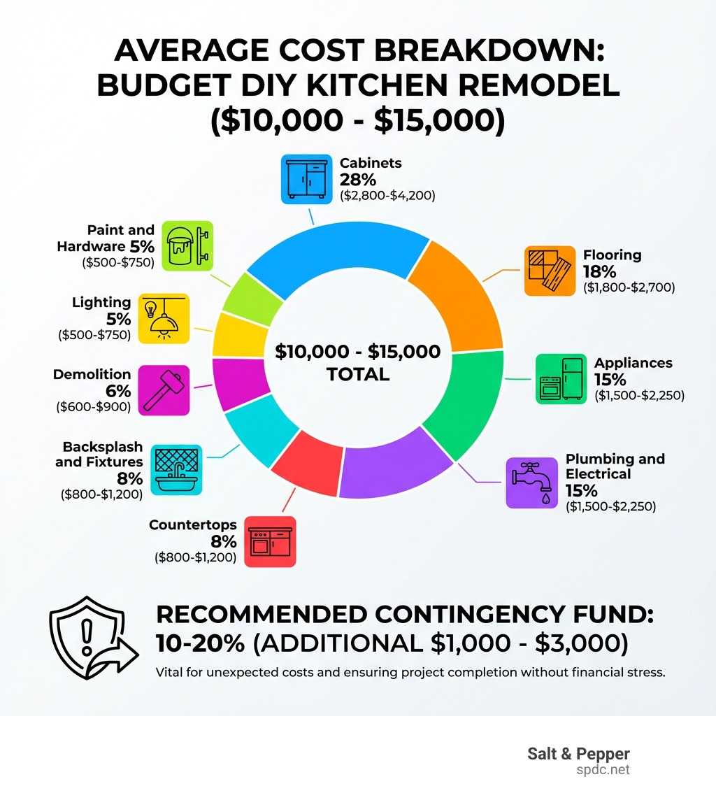 Infographic showing the average cost breakdown of a budget DIY kitchen remodel: Cabinets 28% ($2,800-$4,200), Flooring 18% ($1,800-$2,700), Appliances 15% ($1,500-$2,250), Countertops 8% ($800-$1,200), Backsplash and Fixtures 8% ($800-$1,200), Lighting 5% ($500-$750), Paint and Hardware 5% ($500-$750), Demolition 6% ($600-$900), Plumbing and Electrical 15% ($1,500-$2,250), with a total range of $10,000-$15,000. The infographic includes visual icons for each category and emphasizes the 10-20% contingency fund recommendation. - budget diy kitchen remodel infographic 