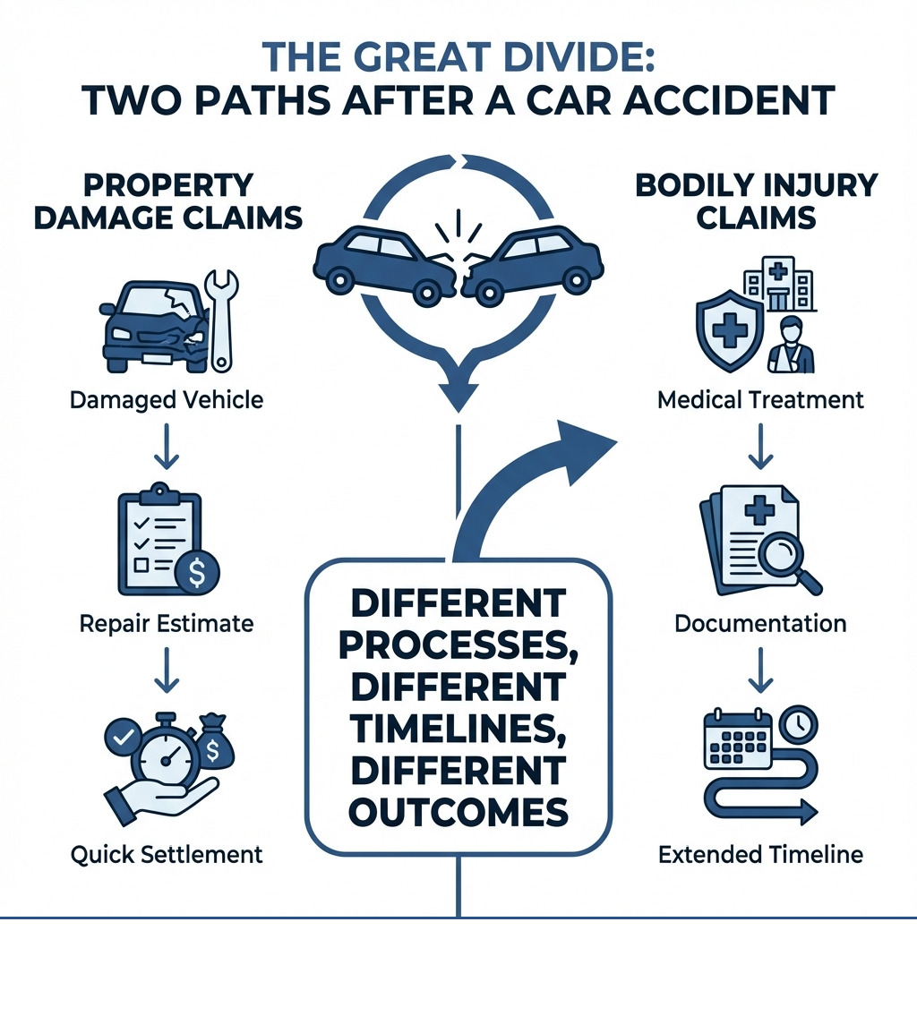 Infographic showing two pathways after a car accident: Left side labeled "Property Damage Claims" with icons for damaged vehicle, repair estimate, and quick settlement; Right side labeled "Bodily Injury Claims" with icons for medical treatment, documentation, and extended timeline. Arrow pointing to "Different processes, different timelines, different outcomes" in center. - body injury and property damage infographic 