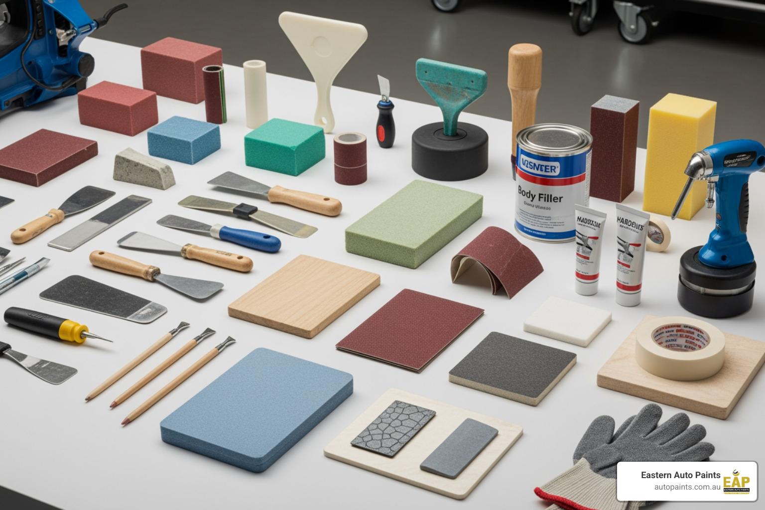 A comprehensive display of automotive repair tools and supplies used to demonstrate what is body filler for cars. A comprehensive display of automotive repair tools and supplies used to demonstrate what is body filler for cars.