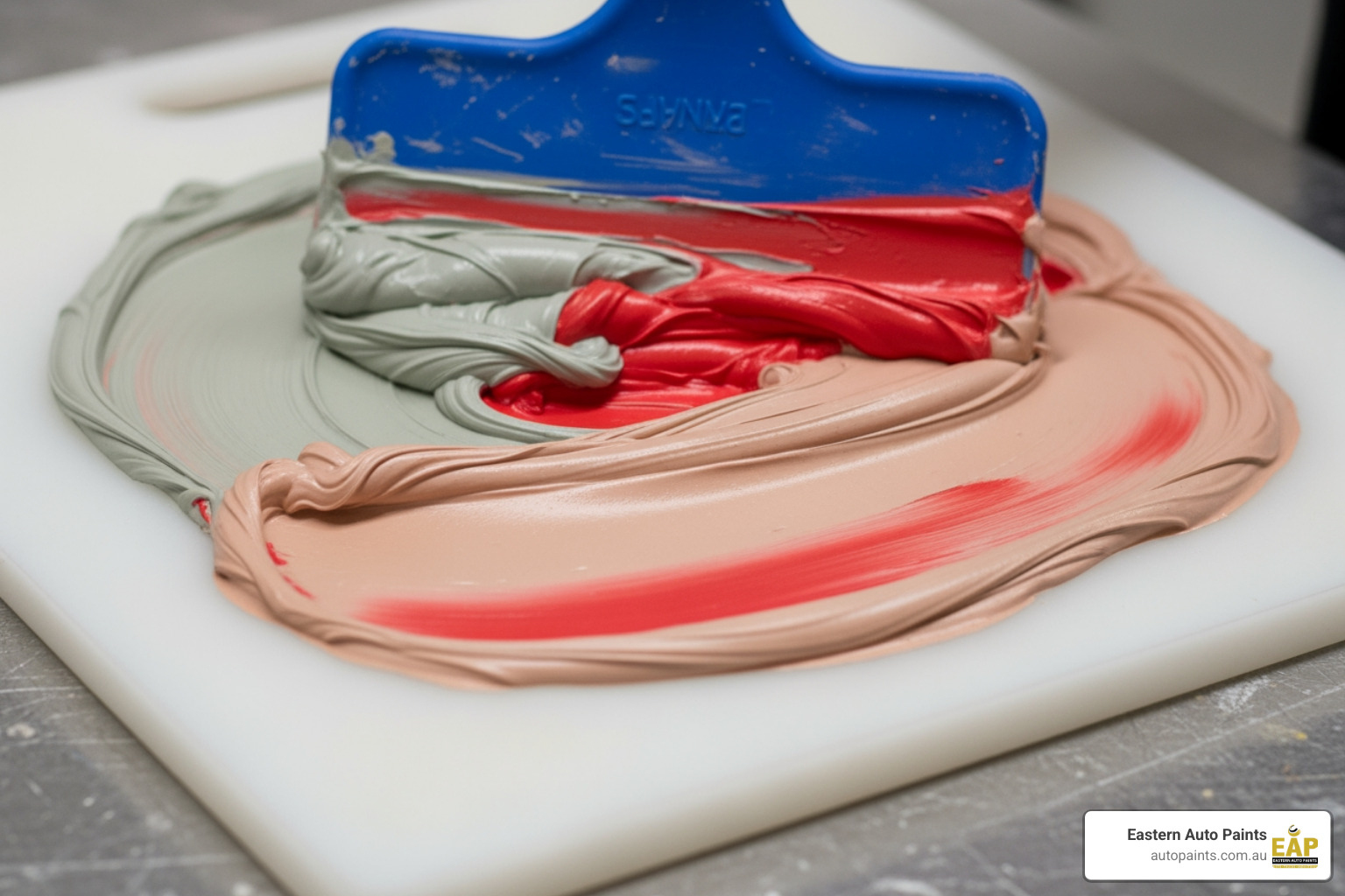 A close-up of a blue spreader mixing grey and red cream hardener on a board to show what is body filler for cars. A close-up of a blue spreader mixing grey and red cream hardener on a board to show what is body filler for cars.