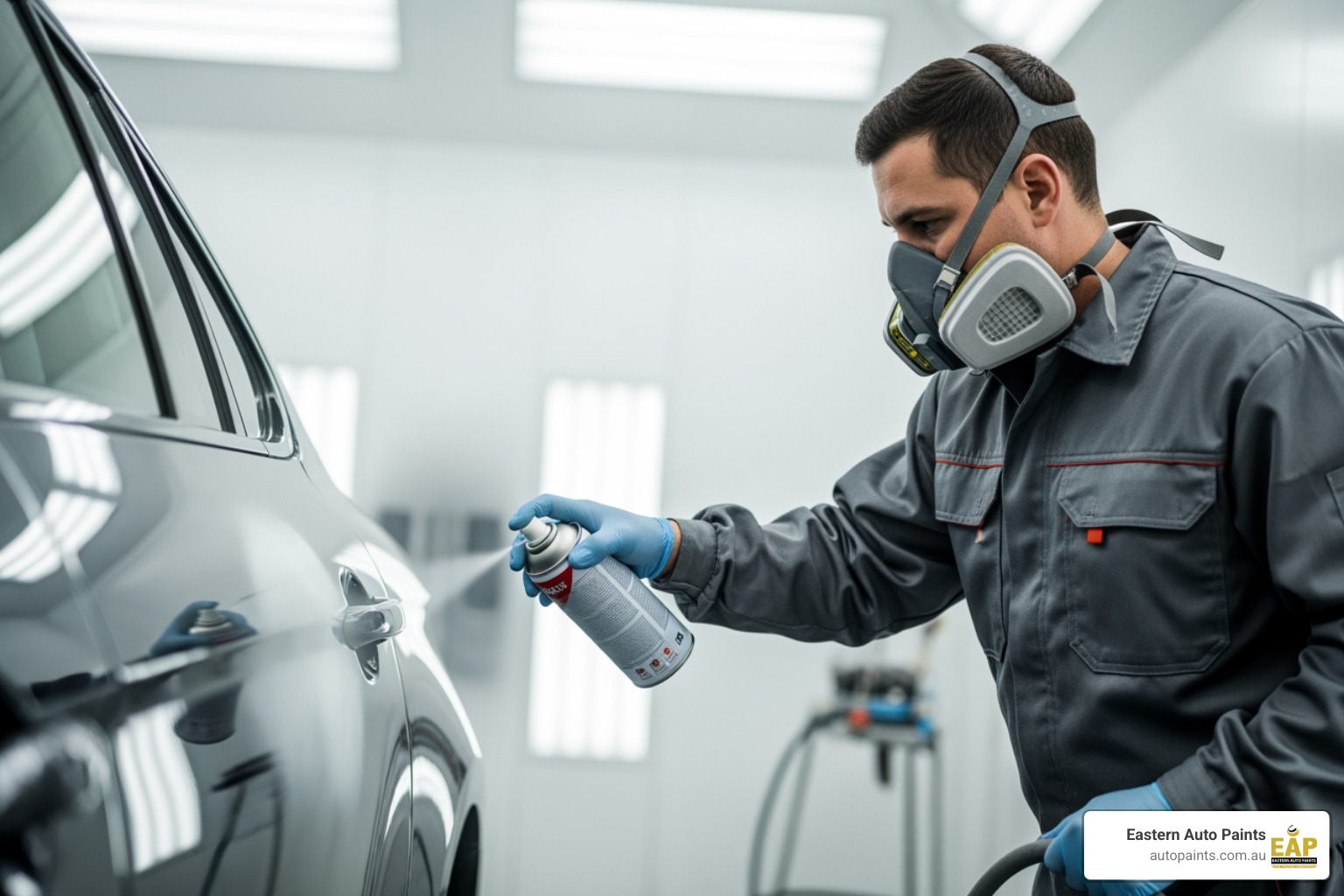 A technician in a respirator applies the best spray can primer for cars to a vehicle door in a spray booth.