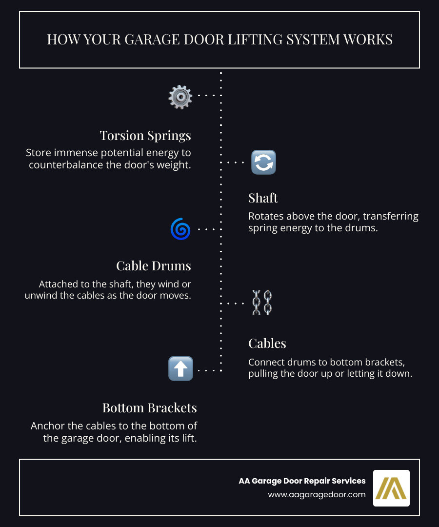 Infographic showing the garage door system: torsion spring mounted on a shaft above the door, with cables wound around drums on each end of the shaft, running down the sides of the door to bottom brackets; arrows indicate how spring tension transfers through the shaft to the drums, which pull the cables to lift the door's weight; labels highlight the spring, shaft, drums, cables, and bottom brackets - garage door cable tension infographic infographic-line-5-steps-dark Infographic showing the garage door system: torsion spring mounted on a shaft above the door, with cables wound around drums on each end of the shaft, running down the sides of the door to bottom brackets; arrows indicate how spring tension transfers through the shaft to the drums, which pull the cables to lift the door's weight; labels highlight the spring, shaft, drums, cables, and bottom brackets - garage door cable tension infographic infographic-line-5-steps-dark