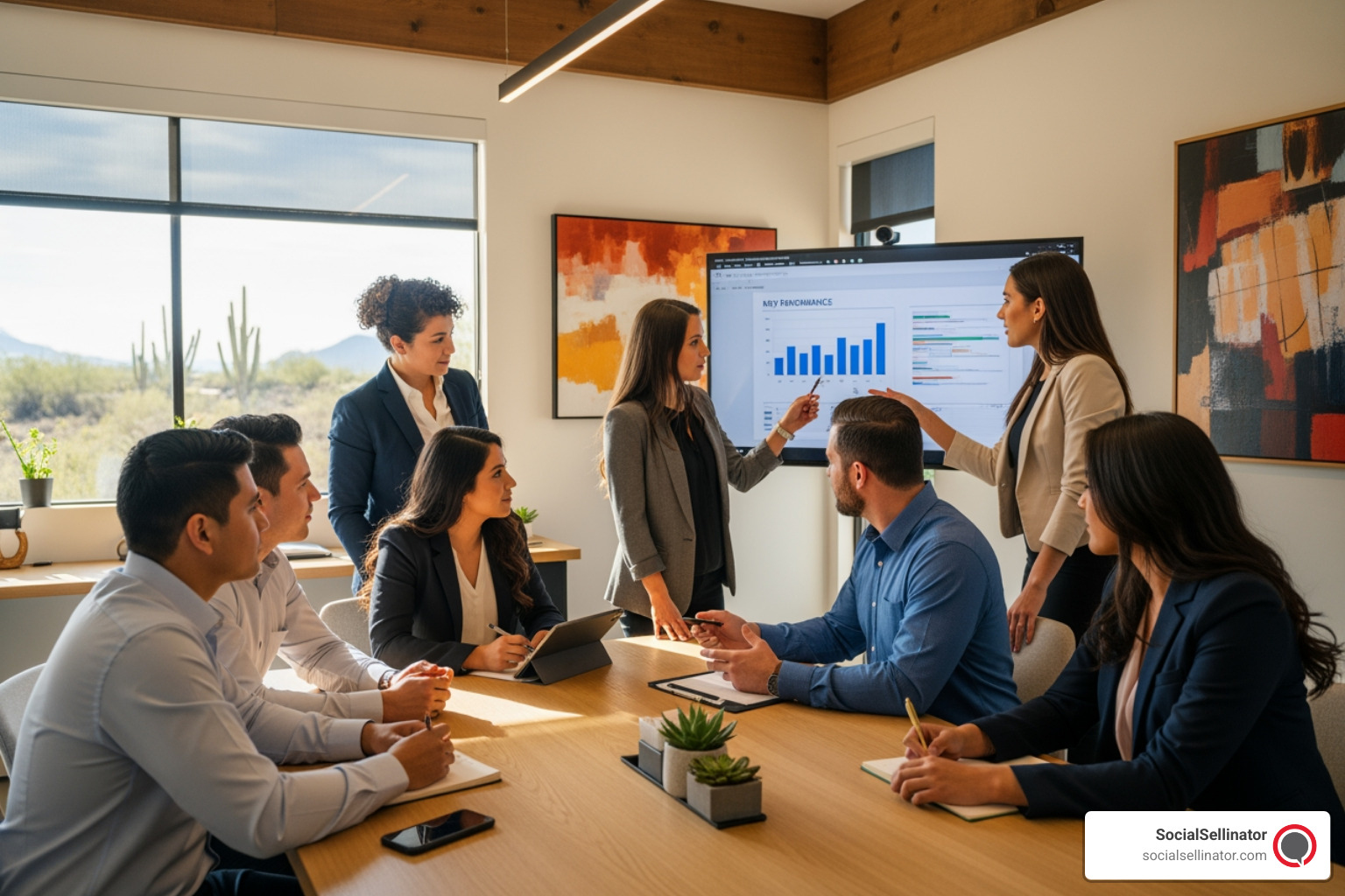 Diverse Arizona business team collaborating in a modern office setting. - arizona online marketing agency