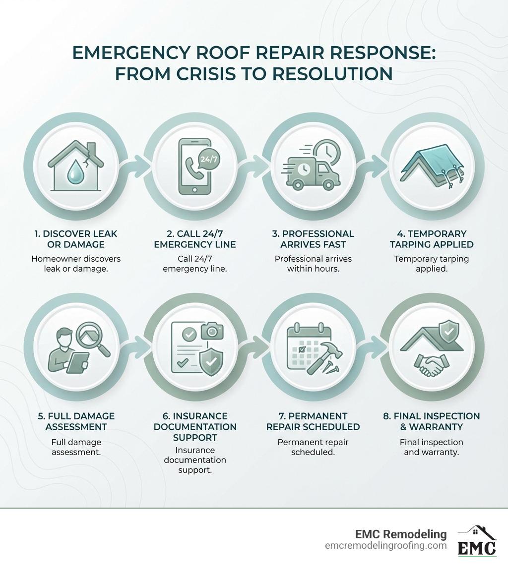 Infographic showing emergency roof repair response steps: 1) Homeowner discovers leak or damage 2) Call 24/7 emergency line 3) Professional arrives within hours 4) Temporary tarping applied 5) Full damage assessment 6) Insurance documentation support 7) Permanent repair scheduled 8) Final inspection and warranty - emergency roof repair belton tx infographic 