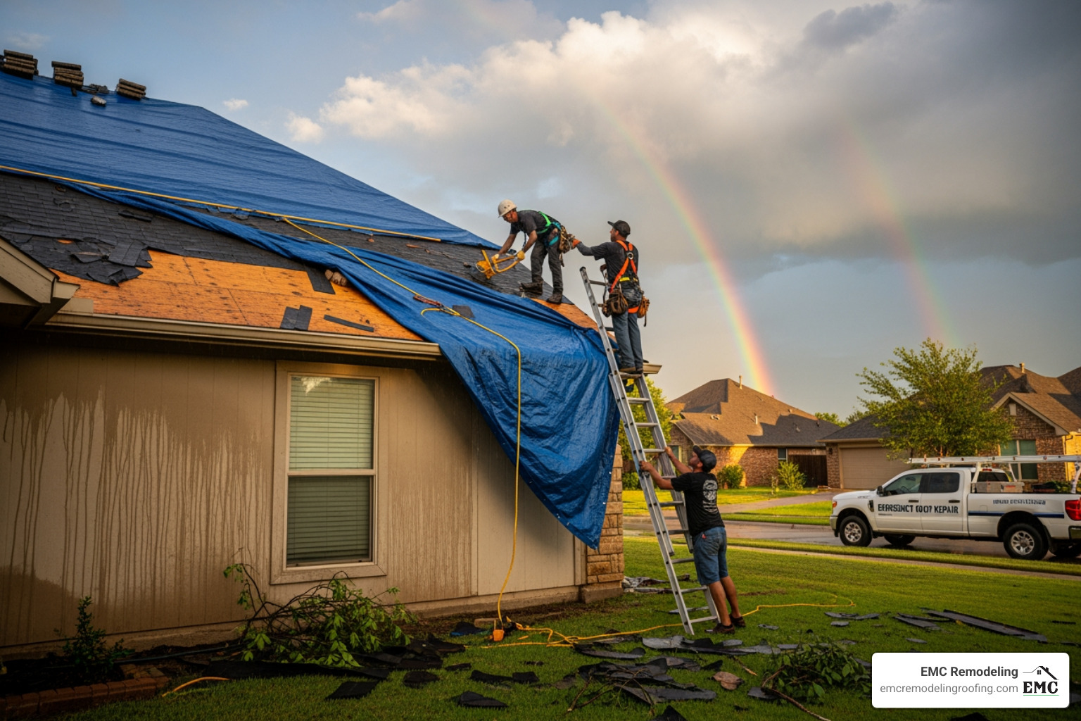 of a severe roof leak inside a home, with a bucket catching water - emergency roof repair belton tx