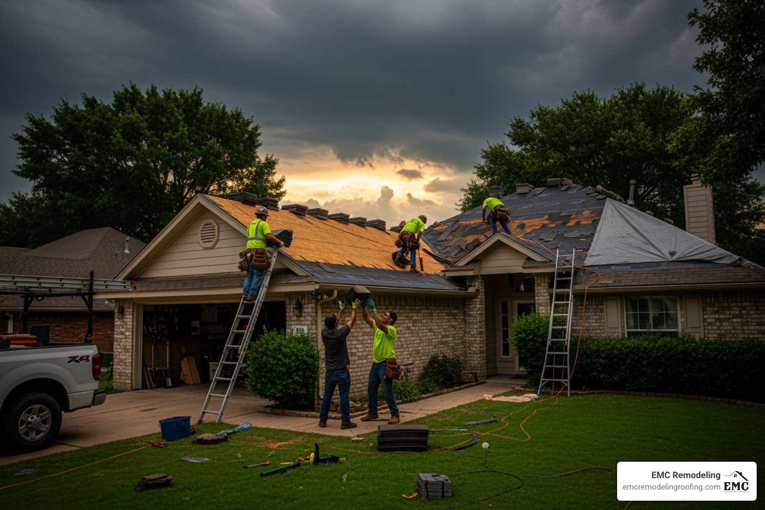 of a homeowner safely placing a bucket under a ceiling leak - emergency roof repair belton tx