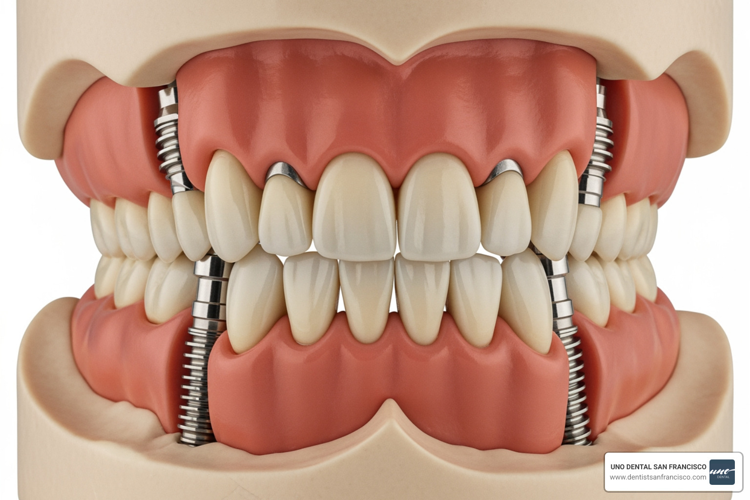 Image illustrating a full arch restoration on a jaw model - Dental implant cost calculator Image illustrating a full arch restoration on a jaw model - Dental implant cost calculator