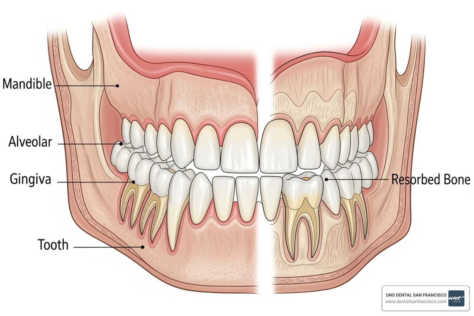 Diagram showing jawbone resorption after tooth loss - Dental implant cost calculator Diagram showing jawbone resorption after tooth loss - Dental implant cost calculator