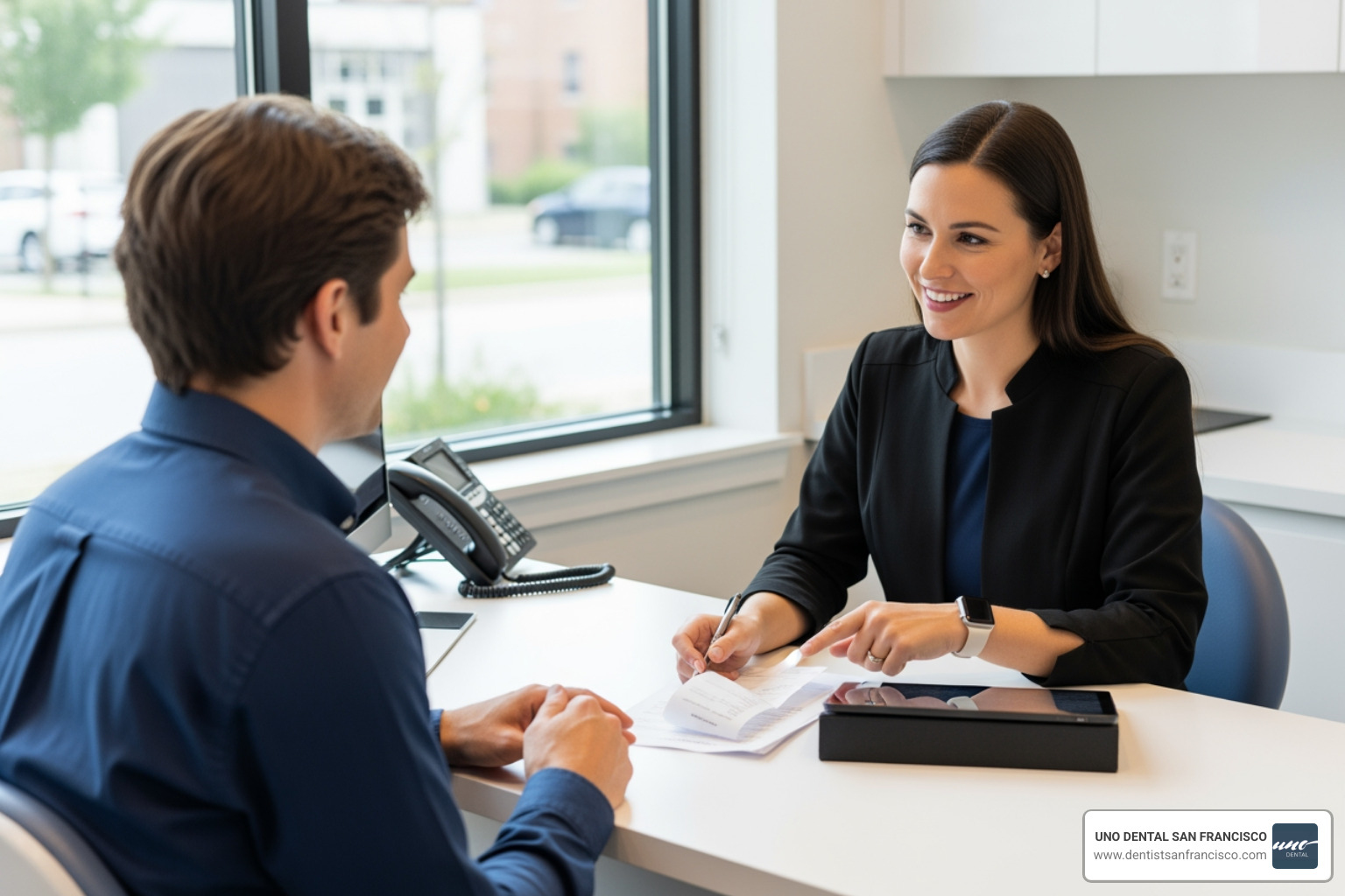 Image of a patient discussing financing with a dental office coordinator - Dental implant cost calculator Image of a patient discussing financing with a dental office coordinator - Dental implant cost calculator