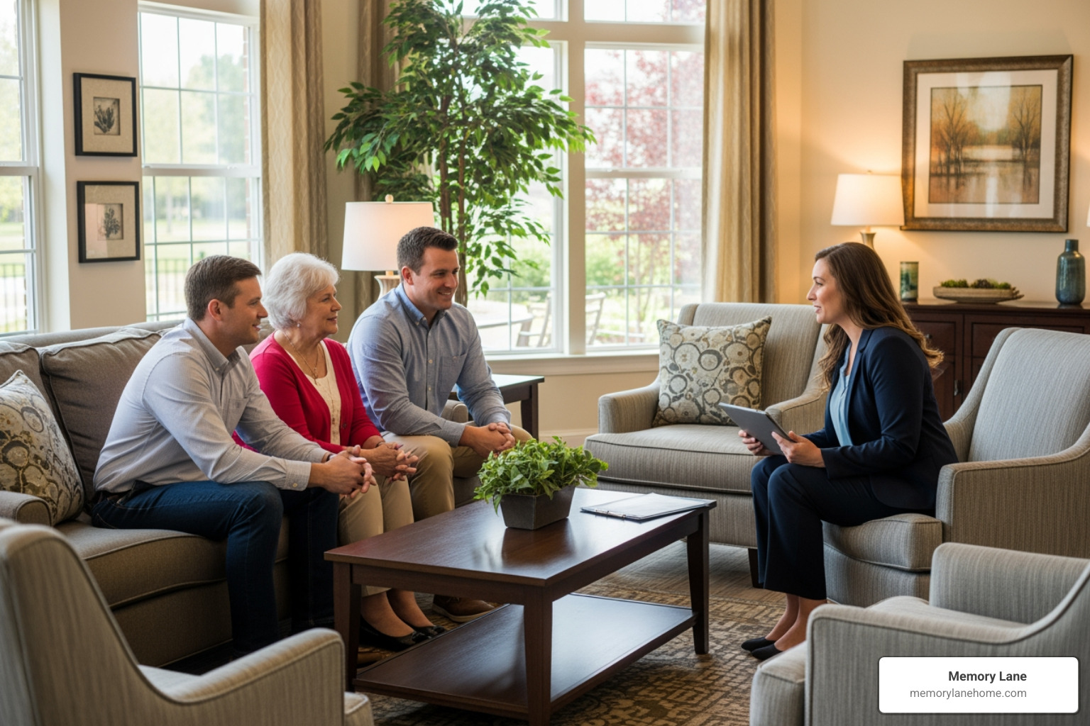 A family talking with a care coordinator in a bright and welcoming assisted living community lounge - Assisted living Westchester NY