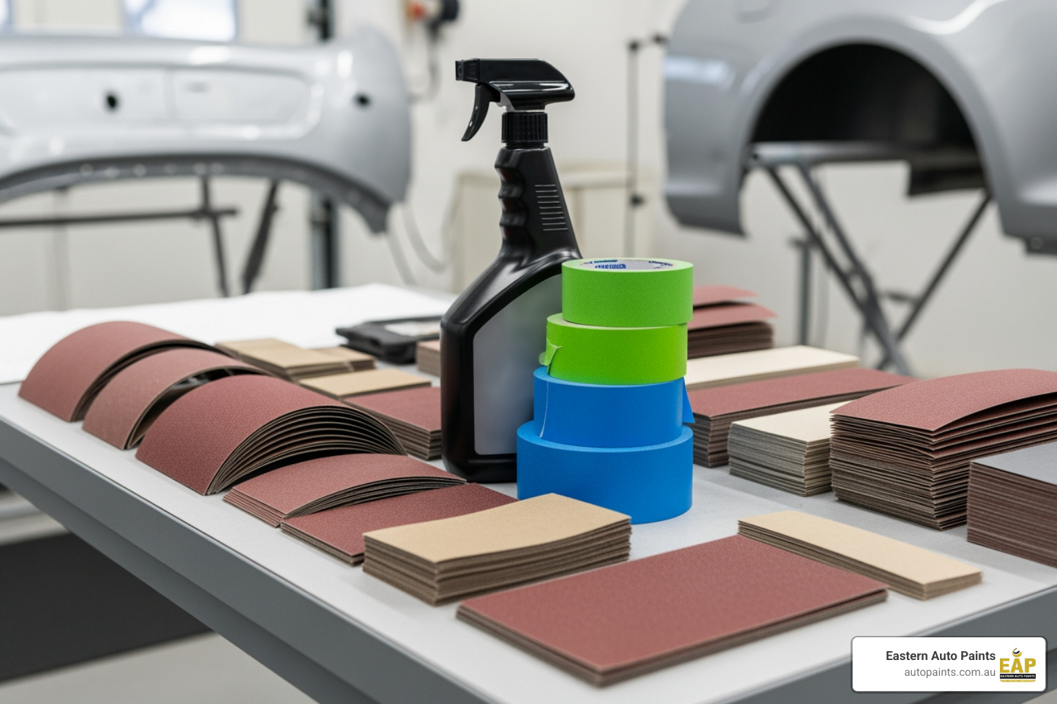 surface preparation tools: sandpaper, degreaser bottle, and masking tape - acrylic primer automotive