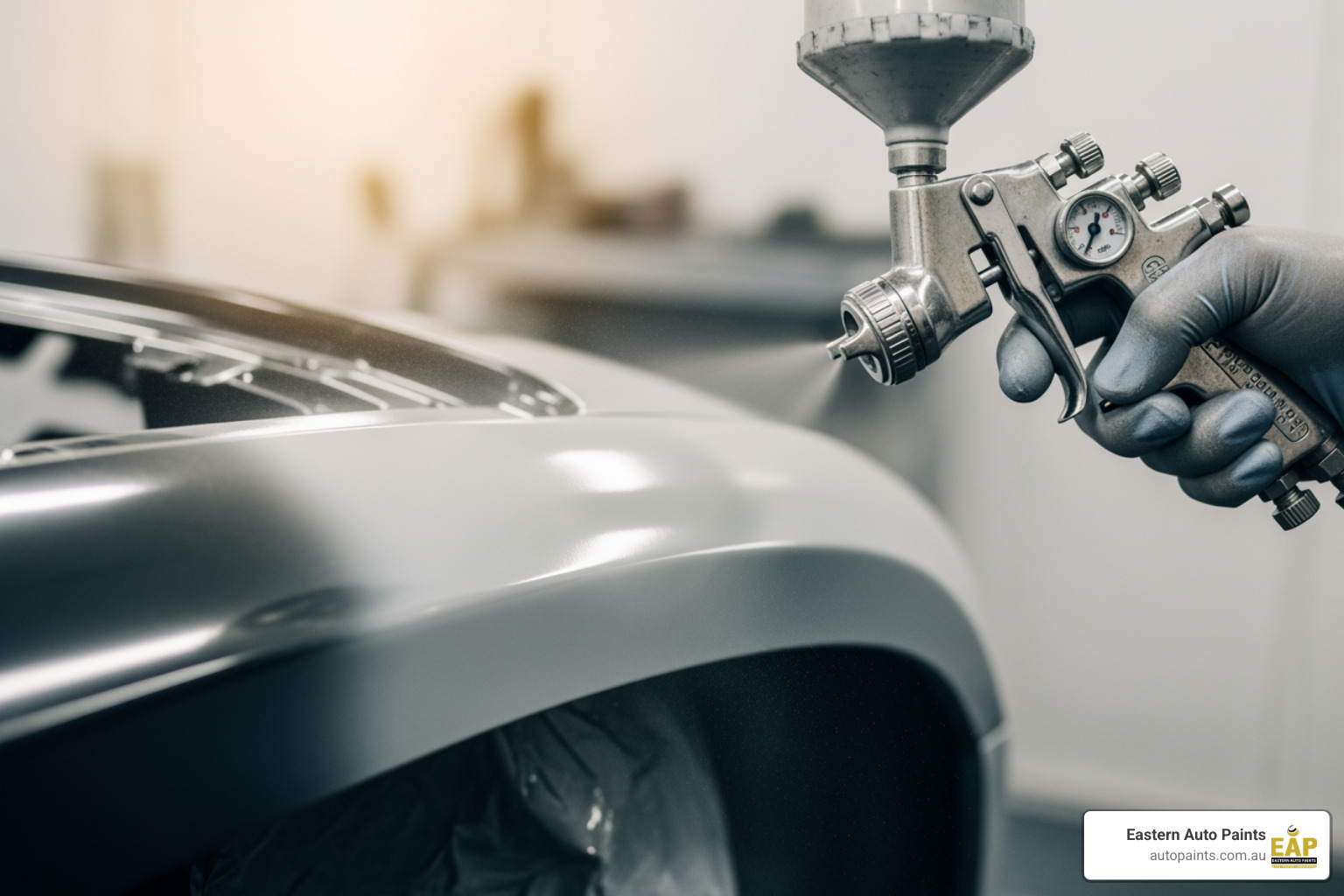 A professional spraying acrylic primer onto a car panel to ensure maximum paint adhesion. - acrylic primer automotive