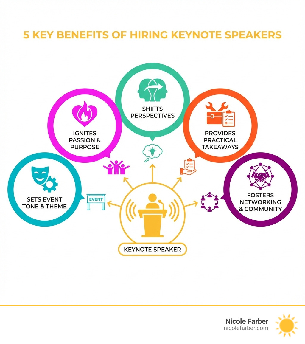 infographic showing five key benefits of hiring keynote speakers: sets event tone and theme, ignites passion and purpose in attendees, shifts perspectives through new insights, provides practical actionable takeaways, and fosters networking and community building - keynote speakers infographic infographic showing five key benefits of hiring keynote speakers: sets event tone and theme, ignites passion and purpose in attendees, shifts perspectives through new insights, provides practical actionable takeaways, and fosters networking and community building - keynote speakers infographic