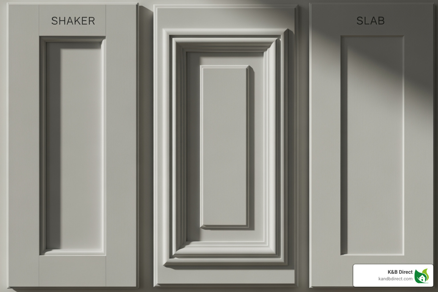 three different cabinet door styles: Shaker, Raised Panel, and Slab - in stock cabinets near me