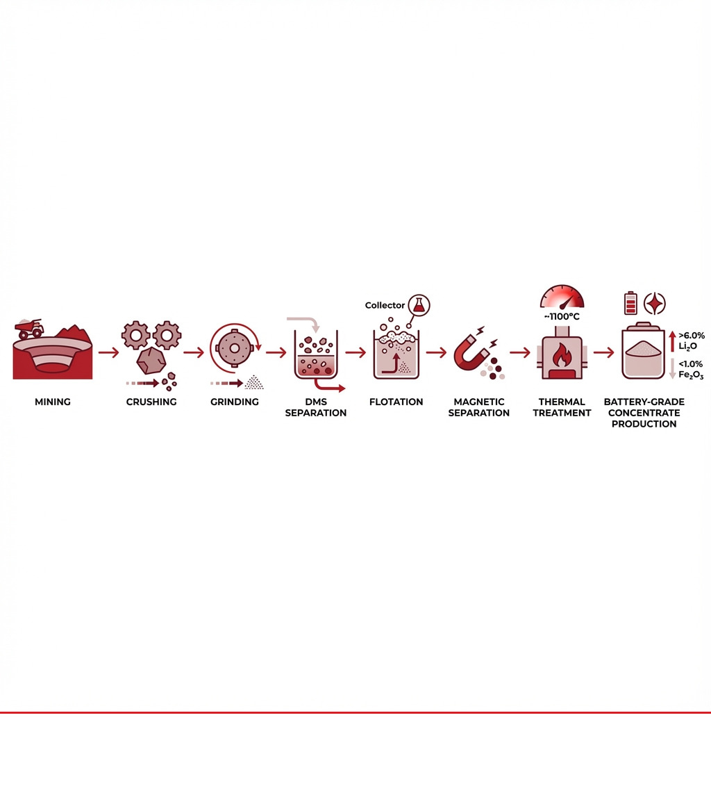 Infographic showing the lithium ore beneficiation process flow from mining through crushing, grinding, DMS separation, flotation, magnetic separation, thermal treatment, and finally to battery-grade concentrate production, with key specifications at each stage - Lithium ore beneficiation infographic 