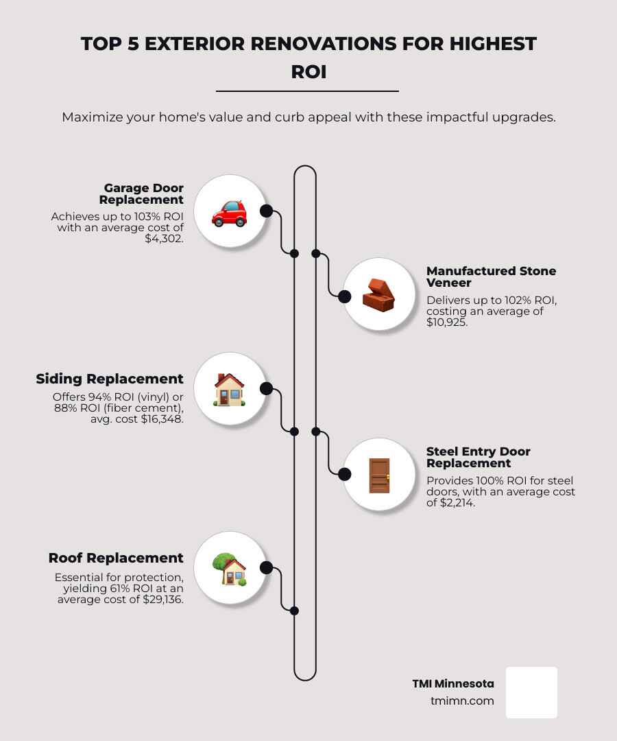 Infographic showing the top 5 exterior renovations: 1. Garage Door Replacement at 103% ROI with average cost of $4,302, 2. Manufactured Stone Veneer at 102% ROI with average cost of $10,925, 3. Siding Replacement at 94% ROI with average cost of $16,348, 4. Steel Entry Door at 100% ROI with average cost of $2,214, 5. Roof Replacement at 61% ROI with average cost of $29,136. Each item includes a simple icon and percentage bar showing return on investment. - best exterior home renovations infographic infographic-line-5-steps-elegant_beige Infographic showing the top 5 exterior renovations: 1. Garage Door Replacement at 103% ROI with average cost of $4,302, 2. Manufactured Stone Veneer at 102% ROI with average cost of $10,925, 3. Siding Replacement at 94% ROI with average cost of $16,348, 4. Steel Entry Door at 100% ROI with average cost of $2,214, 5. Roof Replacement at 61% ROI with average cost of $29,136. Each item includes a simple icon and percentage bar showing return on investment. - best exterior home renovations infographic infographic-line-5-steps-elegant_beige