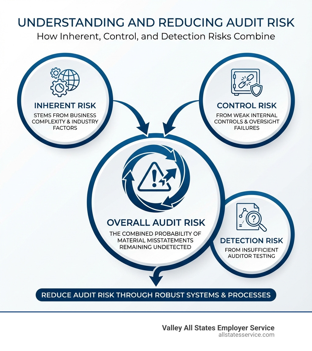 infographic showing three types of audit risk in connected circles: Inherent Risk (stemming from business complexity and industry factors), Control Risk (from weak internal controls and oversight failures), and Detection Risk (from insufficient auditor testing), with arrows showing how they combine to create overall audit risk - Reduce audit risk infographic 
