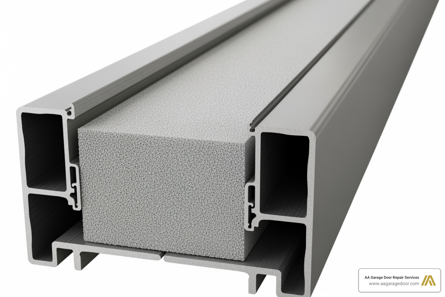 Cross-section of an insulated garage door slat showing the foam core - commercial roll up door insulation Cross-section of an insulated garage door slat showing the foam core - commercial roll up door insulation