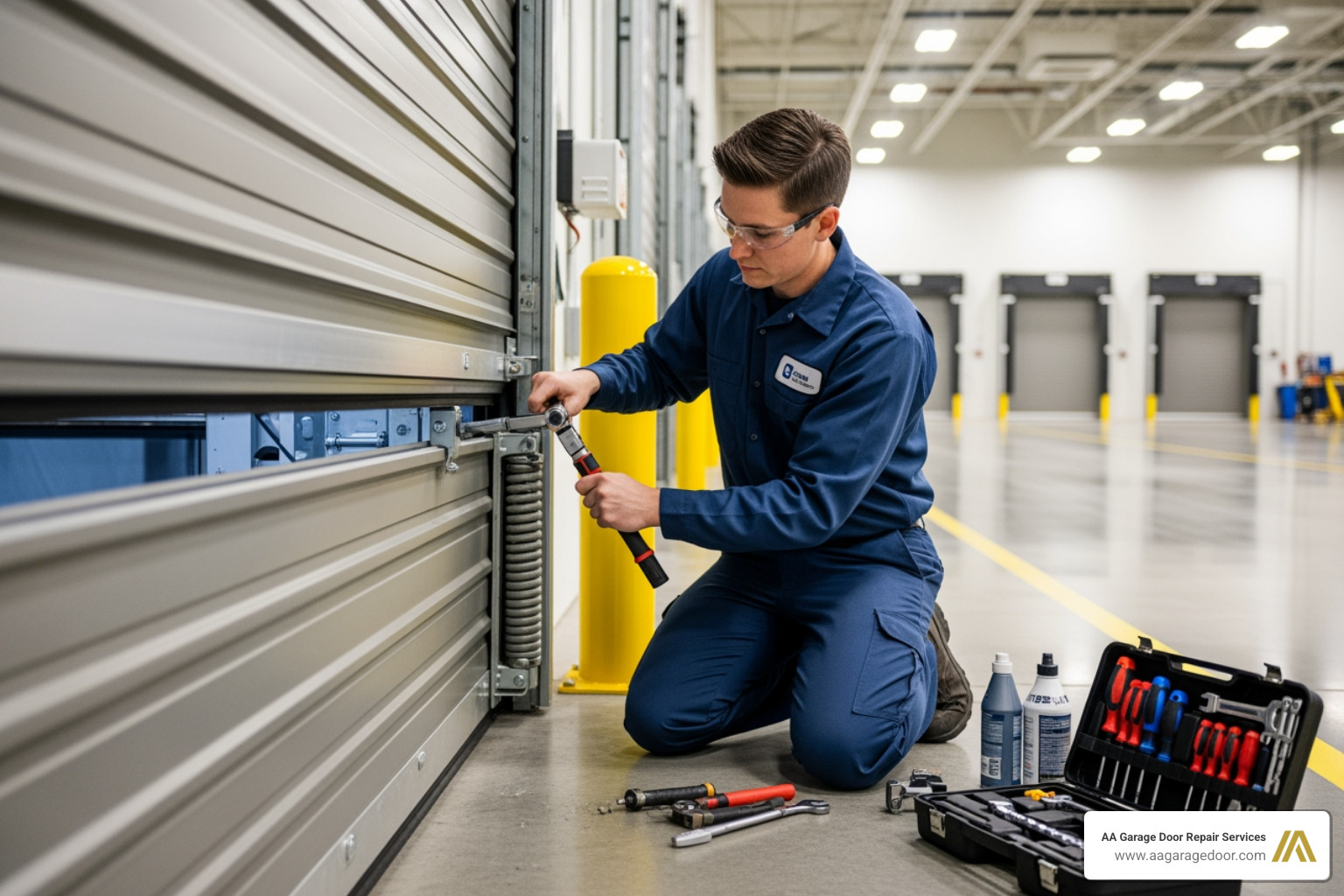 Technician performing maintenance on a commercial roll-up door - commercial roll up door insulation Technician performing maintenance on a commercial roll-up door - commercial roll up door insulation