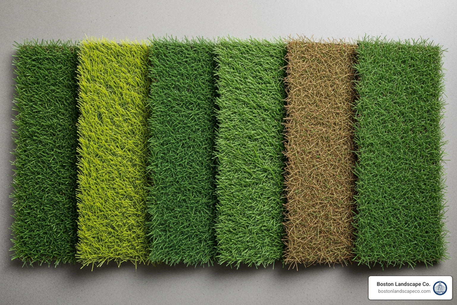 of various artificial grass samples showing differences in pile height and color - backyard artificial lawn