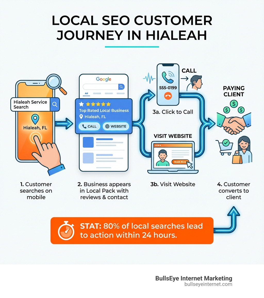 Infographic showing the local SEO customer journey: 1. Customer searches for service in Hialeah on mobile device, 2. Business appears in Google's local pack with reviews and contact info, 3. Customer clicks to call or visit website, 4. Customer converts into paying client, with statistics showing 80% of local searches lead to action within 24 hours - Hialeah SEO company infographic Local SEO customer journey infographic for Hialeah, showcasing mobile search, business listing in Local Pack, customer interactions, and conversion to paying client, emphasizing the importance of local SEO strategies for Hialeah businesses.