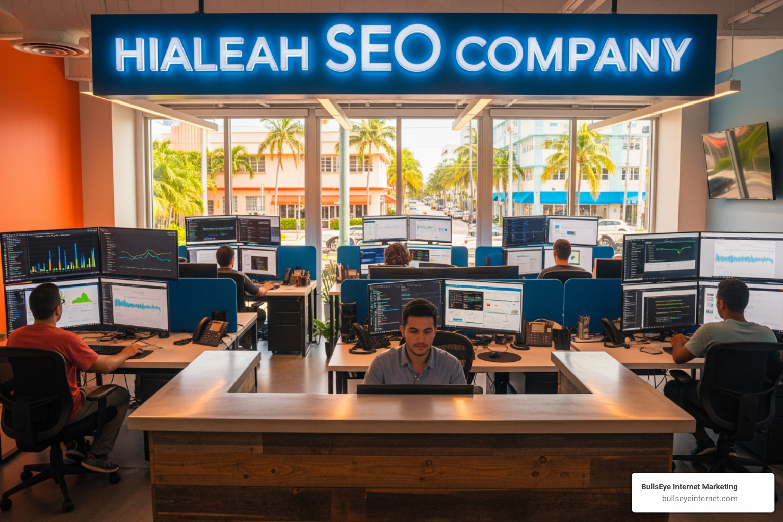 Google Maps results for a local Hialeah search - Hialeah SEO company Hialeah SEO company office with multiple employees working at computers, displaying analytics and data, emphasizing local SEO strategies and digital marketing solutions.