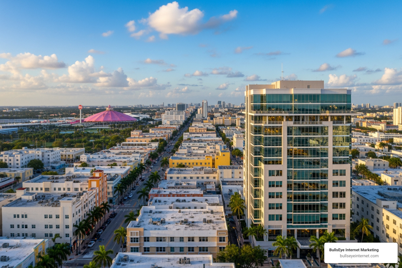 mobile-friendly website design - Hialeah SEO company Aerial view of Hialeah cityscape featuring the Bullseye Internet Marketing office building, vibrant residential streets, and the iconic pink structure of the Hialeah Race Track in the background, showcasing local business prominence and community engagement.