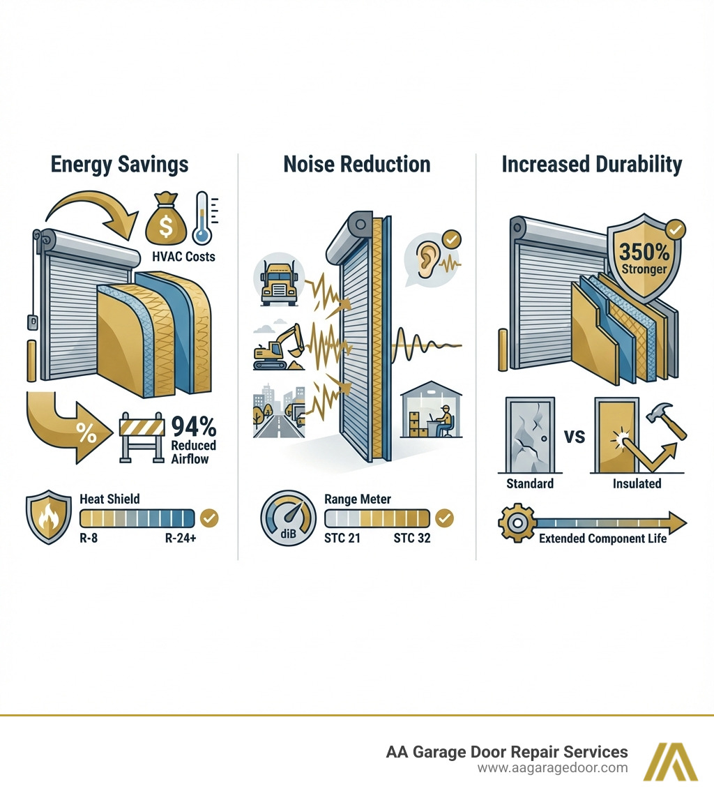 Infographic showing three main benefits of commercial roll up door insulation: 1) Energy Savings - insulated doors reduce airflow by up to 94% and lower HVAC costs with R-values from 8-24+, 2) Noise Reduction - STC ratings of 21-32 significantly dampen exterior noise and internal machinery sounds, 3) Increased Durability - multi-layer construction creates stronger doors that resist damage 350% better than standard doors and extend component life - commercial roll up door insulation infographic Infographic showing three main benefits of commercial roll up door insulation: 1) Energy Savings - insulated doors reduce airflow by up to 94% and lower HVAC costs with R-values from 8-24+, 2) Noise Reduction - STC ratings of 21-32 significantly dampen exterior noise and internal machinery sounds, 3) Increased Durability - multi-layer construction creates stronger doors that resist damage 350% better than standard doors and extend component life - commercial roll up door insulation infographic