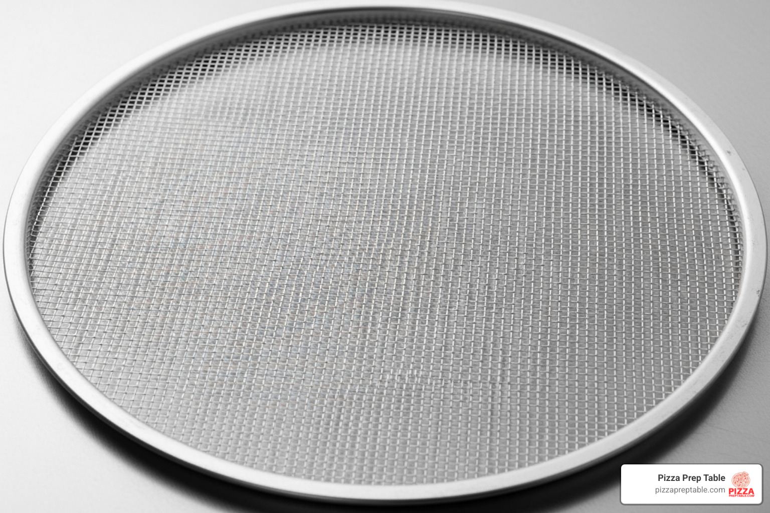 Close-up of a seamless aluminum mesh pizza screen - 14 inch pizza screens