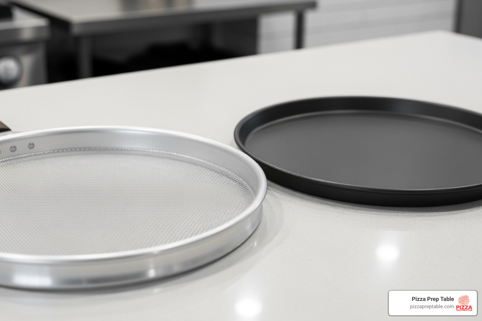 Pizza screen and solid pizza pan side-by-side - 14 inch pizza screens