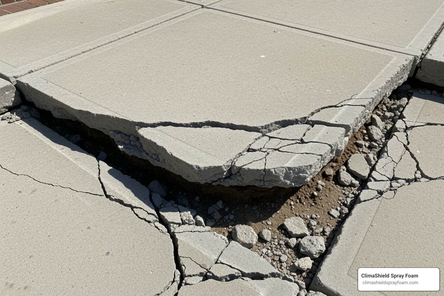 An image of a concrete slab that has been severely over-lifted and permanently damaged, showing visible cracks and an uneven surface. - spray foam for lifting concrete An image of a concrete slab that has been severely over-lifted and permanently damaged, showing visible cracks and an uneven surface. - spray foam for lifting concrete